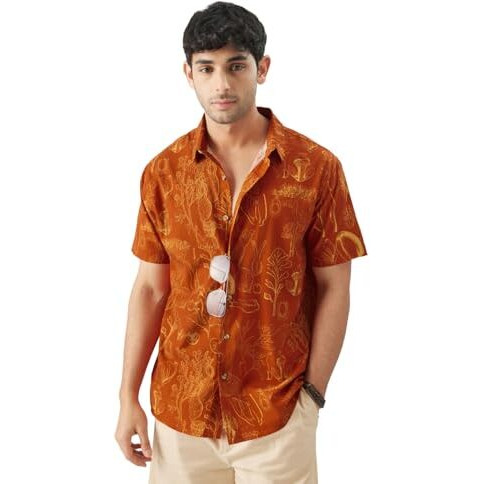 The Souled Store Tropical Beat Men And Boys Short Sleeve Collared Neck Regular Fit Button Down Orange Printed Shirts
