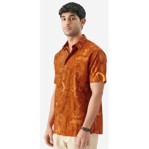 The Souled Store Tropical Beat Men And Boys Short Sleeve Collared Neck Regular Fit Button Down Orange Printed Shirts
