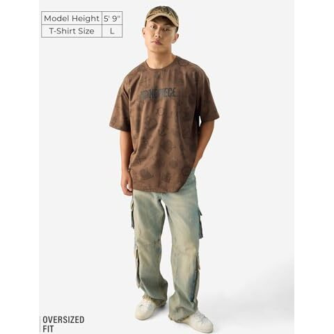The Souled Store Official One Piece Pirate Tales Short Sleeve Round Neck Brown Graphic Printed Cotton Oversized T-Shirts For Men & Boys