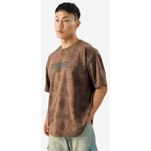 The Souled Store Official One Piece Pirate Tales Short Sleeve Round Neck Brown Graphic Printed Cotton Oversized T-Shirts For Men & Boys