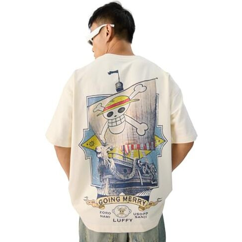 The Souled Store Official One Piece Going Merry Men And Boys Short Sleeve Round Neck White Graphic Printed Cotton Oversized T-Shirts