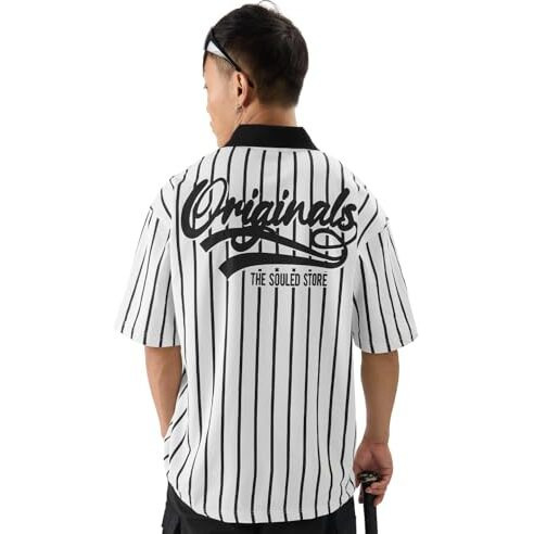 The Souled Store Stripes Timeless Noir Men And Boys Short Sleeves Collared Neck Black And White Cotton Oversized Polos