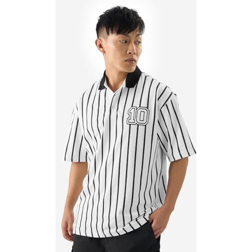 The Souled Store Stripes Timeless Noir Men And Boys Short Sleeves Collared Neck Black And White Cotton Oversized Polos