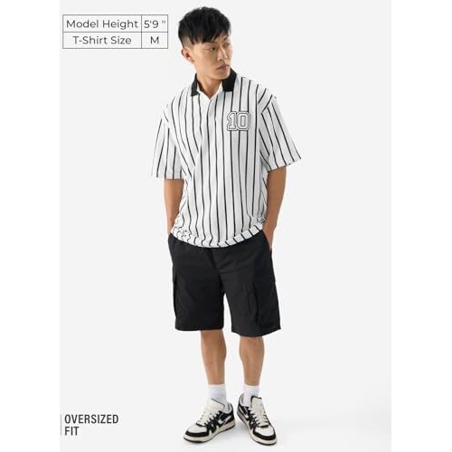 The Souled Store Stripes Timeless Noir Men And Boys Short Sleeves Collared Neck Black And White Cotton Oversized Polos