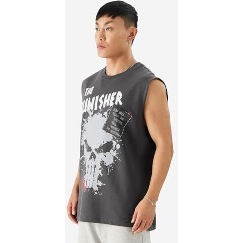 The Souled Store Official Punisher Graffiti Men And Boys Round Neck Sleeveless Grey Graphic Printed Regular Fit Cotton Vests