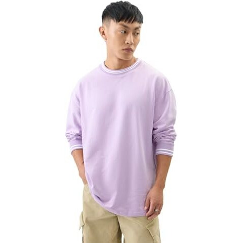 The Souled Store Solids Pale Purple Men And Boys Round Neck Cotton Oversized Full Sleeve T-Shirts