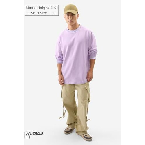 The Souled Store Solids Pale Purple Men And Boys Round Neck Cotton Oversized Full Sleeve T-Shirts