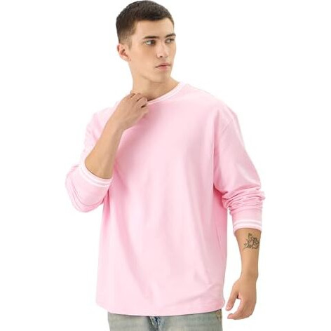 The Souled Store Solids Pastel Pink Men And Boys Round Neck Full Sleeve Cotton Oversized T-Shirts