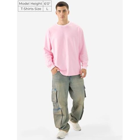 The Souled Store Solids Pastel Pink Men And Boys Round Neck Full Sleeve Cotton Oversized T-Shirts