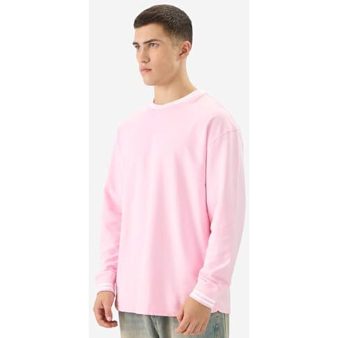 The Souled Store Solids Pastel Pink Men And Boys Round Neck Full Sleeve Cotton Oversized T-Shirts