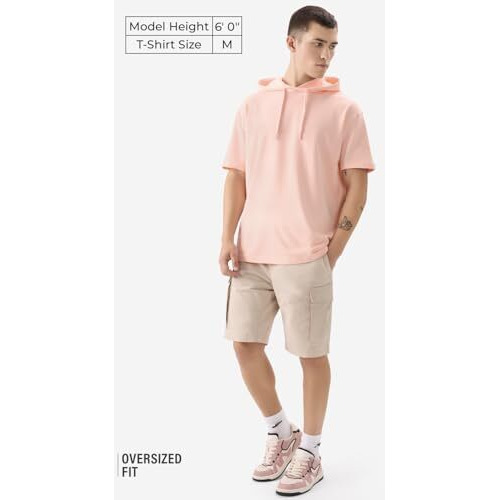 The Souled Store Solids Nude Pink Men And Boys Short Sleeve Oversized Fit Cotton Hooded T-Shirts