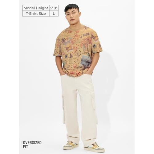 The Souled Store Explorer Men And Boys Short Sleeves Round Neck Brown All Over Printed Cotton Oversized T-Shirts