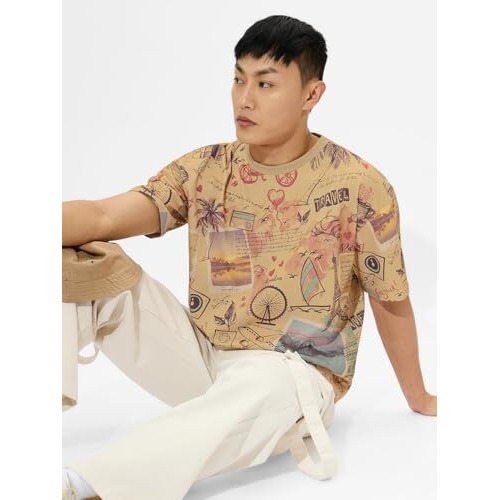 The Souled Store Explorer Men And Boys Short Sleeves Round Neck Brown All Over Printed Cotton Oversized T-Shirts