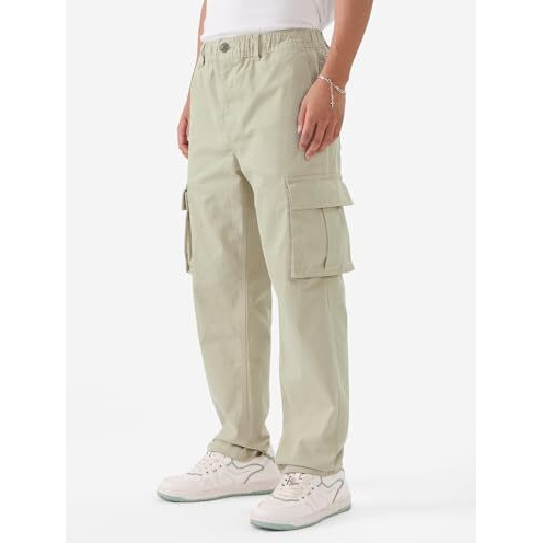 The Souled Store Solids Light Green Men And Boys Straight Fit Cotton Blend Cargo Pants