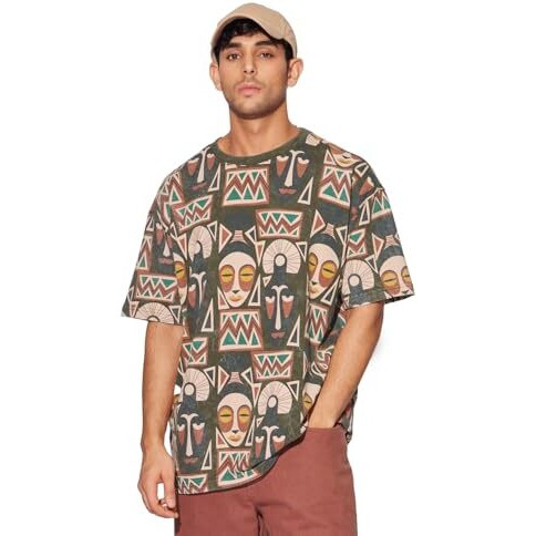 The Souled Store In Spirit Men And Boys Short Sleeves Round Neck Multicolor All Over Printed Cotton Oversized T-Shirts