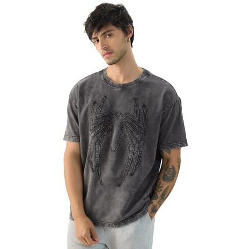 The Souled Store Official Spider-Man Midnight Men And Boys Short Sleeve Round Neck Grey Textured Cotton Oversized T-Shirts