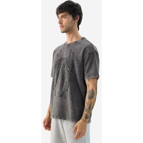 The Souled Store Official Spider-Man Midnight Men And Boys Short Sleeve Round Neck Grey Textured Cotton Oversized T-Shirts