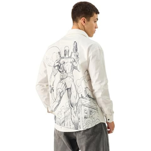 The Souled Store Official Deadpool Logo White Graphic Printed Long Sleeve Collared Button Down Cotton Regular Fit Utility Shirt For Men & Boys