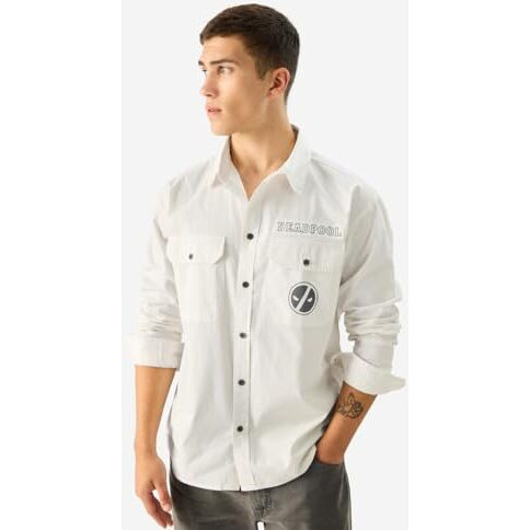 The Souled Store Official Deadpool Logo White Graphic Printed Long Sleeve Collared Button Down Cotton Regular Fit Utility Shirt For Men & Boys