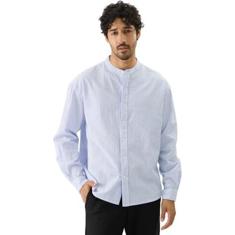 The Souled Store Stripes Marina Men And Boys Long Sleeve Button Front Blue And White Cotton Mandarin Collared Shirts