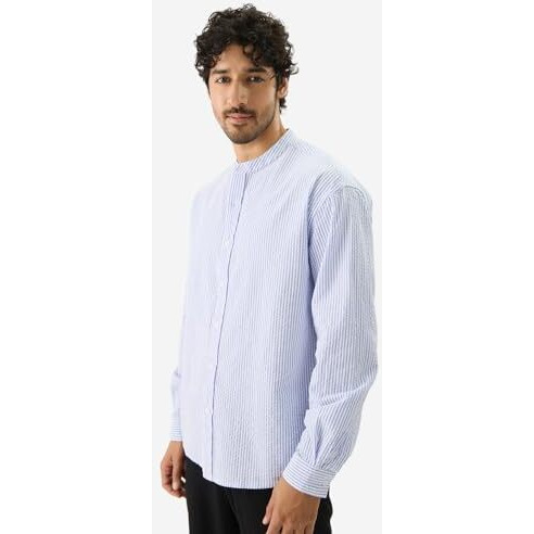 The Souled Store Stripes Marina Men And Boys Long Sleeve Button Front Blue And White Cotton Mandarin Collared Shirts