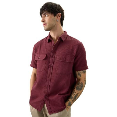 The Souled Store Solids Burgundy Men And Boys Short Sleeve Collared Neck Button Front Cotton Relaxed Fit Shirts