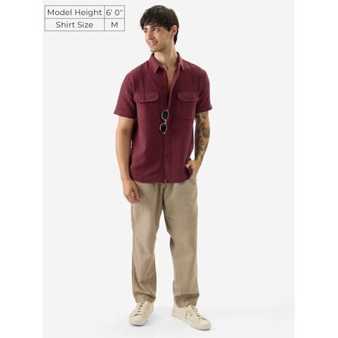 The Souled Store Solids Burgundy Men And Boys Short Sleeve Collared Neck Button Front Cotton Relaxed Fit Shirts