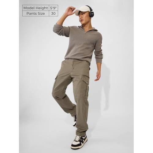 The Souled Store Solids Hunter Green Men And Boys Straight Fit Cotton Blend Cargo Pants