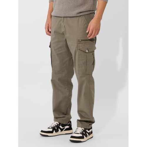 The Souled Store Solids Hunter Green Men And Boys Straight Fit Cotton Blend Cargo Pants