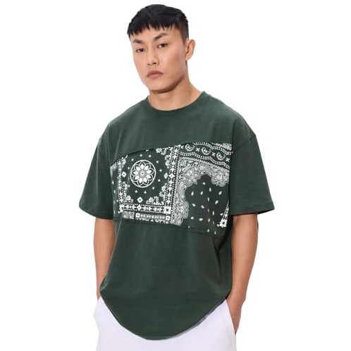 The Souled Store Meadow Men And Boys Short Sleeves Round Neck Green Paisley Printed Cotton Oversized T-Shirts