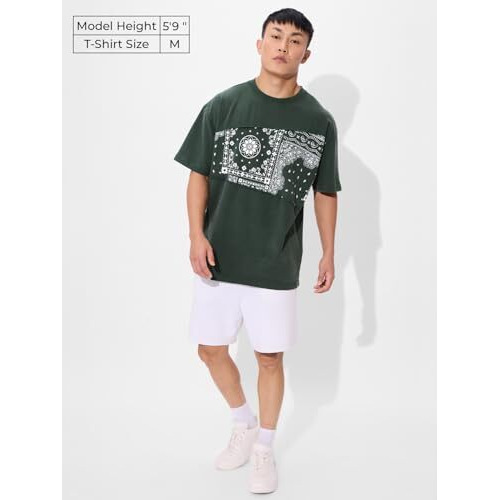 The Souled Store Meadow Men And Boys Short Sleeves Round Neck Green Paisley Printed Cotton Oversized T-Shirts