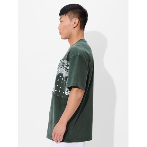 The Souled Store Meadow Men And Boys Short Sleeves Round Neck Green Paisley Printed Cotton Oversized T-Shirts
