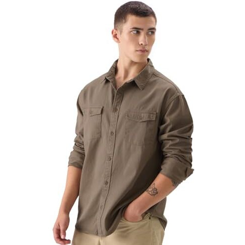 The Souled Store Solids Brown Men And Boys Long Sleeve Collared Neck Button Front Regular Fit Utility Shirts
