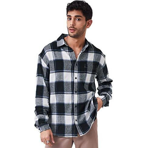 The Souled Store Plaids Black, White Men And Boys Long Sleeves Collared Neck Button Front Cotton Relaxed Shirts