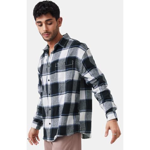The Souled Store Plaids Black, White Men And Boys Long Sleeves Collared Neck Button Front Cotton Relaxed Shirts