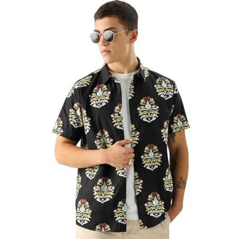 The Souled Store Sierra Black Short Sleeve Button Down Collared Printed Regular Fit Cotton Summer Shirt For Men & Boys