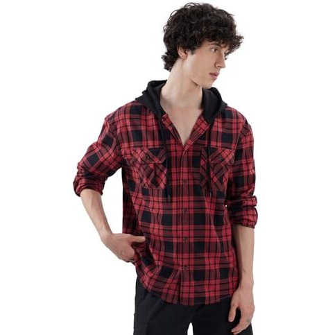 The Souled Store Plaids Red, Black Men And Boys Long Sleeve Hooded Neck Buttoned Front Regular Fit Cotton Hooded Shirts