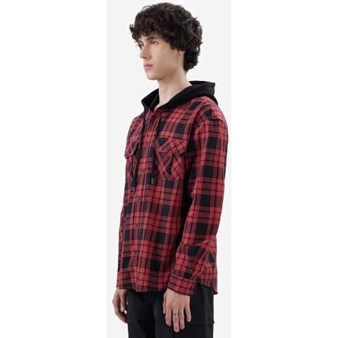 The Souled Store Plaids Red, Black Men And Boys Long Sleeve Hooded Neck Buttoned Front Regular Fit Cotton Hooded Shirts