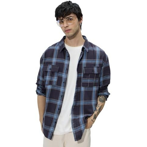 The Souled Store Plaid Blue Men And Boys Long Sleeves Collared Neck Button Front Cotton Utility Shirts