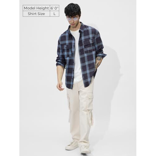 The Souled Store Plaid Blue Men And Boys Long Sleeves Collared Neck Button Front Cotton Utility Shirts