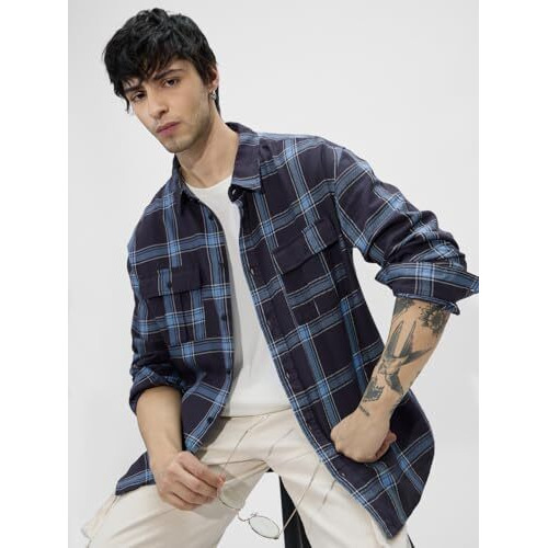 The Souled Store Plaid Blue Men And Boys Long Sleeves Collared Neck Button Front Cotton Utility Shirts