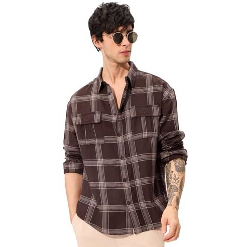 The Souled Store Brown Men And Boys Long Sleeve Collared Neck Regular Fit Cotton Button Down Utility Shirt