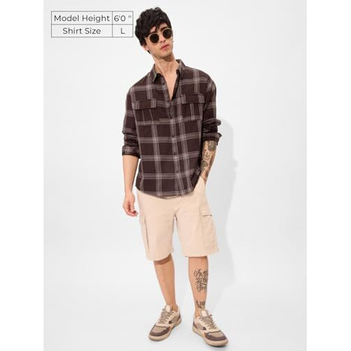 The Souled Store Brown Men And Boys Long Sleeve Collared Neck Regular Fit Cotton Button Down Utility Shirt