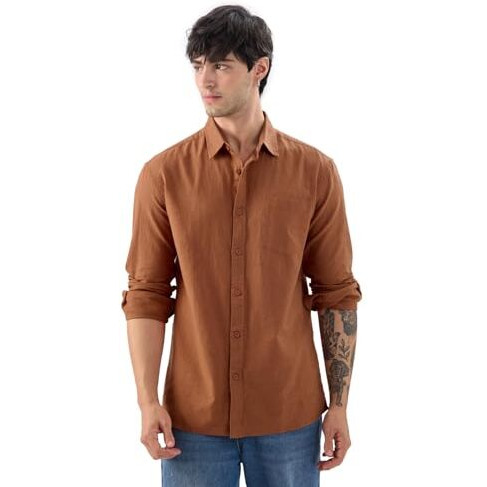 The Souled Store Russet Brown Men & Boys Long Sleeve Collared Neck Button Front Regular Fit Solid Cotton Linen Shirts