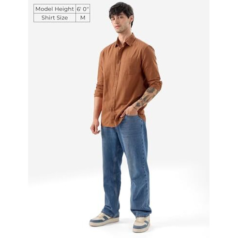 The Souled Store Russet Brown Men & Boys Long Sleeve Collared Neck Button Front Regular Fit Solid Cotton Linen Shirts