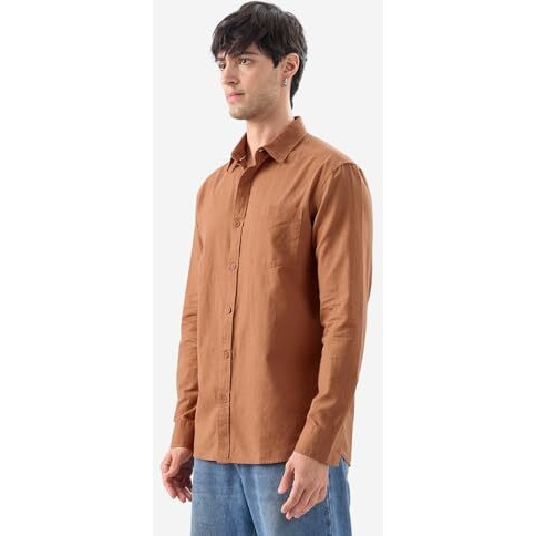 The Souled Store Russet Brown Men & Boys Long Sleeve Collared Neck Button Front Regular Fit Solid Cotton Linen Shirts