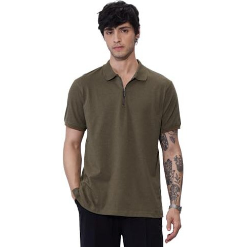 The Souled Store Solids  Dusky Brown Men And Boys Short Sleeves Collared Neck Regular Fit Cotton Blend Polos