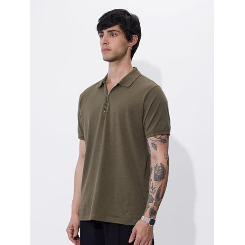 The Souled Store Solids  Dusky Brown Men And Boys Short Sleeves Collared Neck Regular Fit Cotton Blend Polos