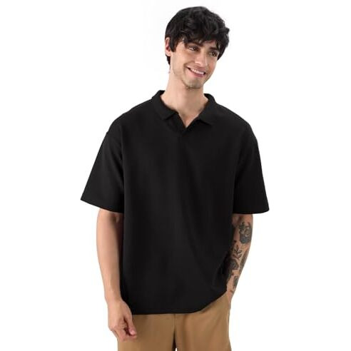 The Souled Store Solids Regal Black Men And Boys Short Sleeves Collared Neck Cotton Blend Oversized Polos