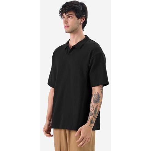 The Souled Store Solids Regal Black Men And Boys Short Sleeves Collared Neck Cotton Blend Oversized Polos